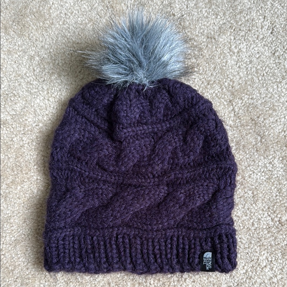 The North Face Purple Knit Beanie with Gray Pom